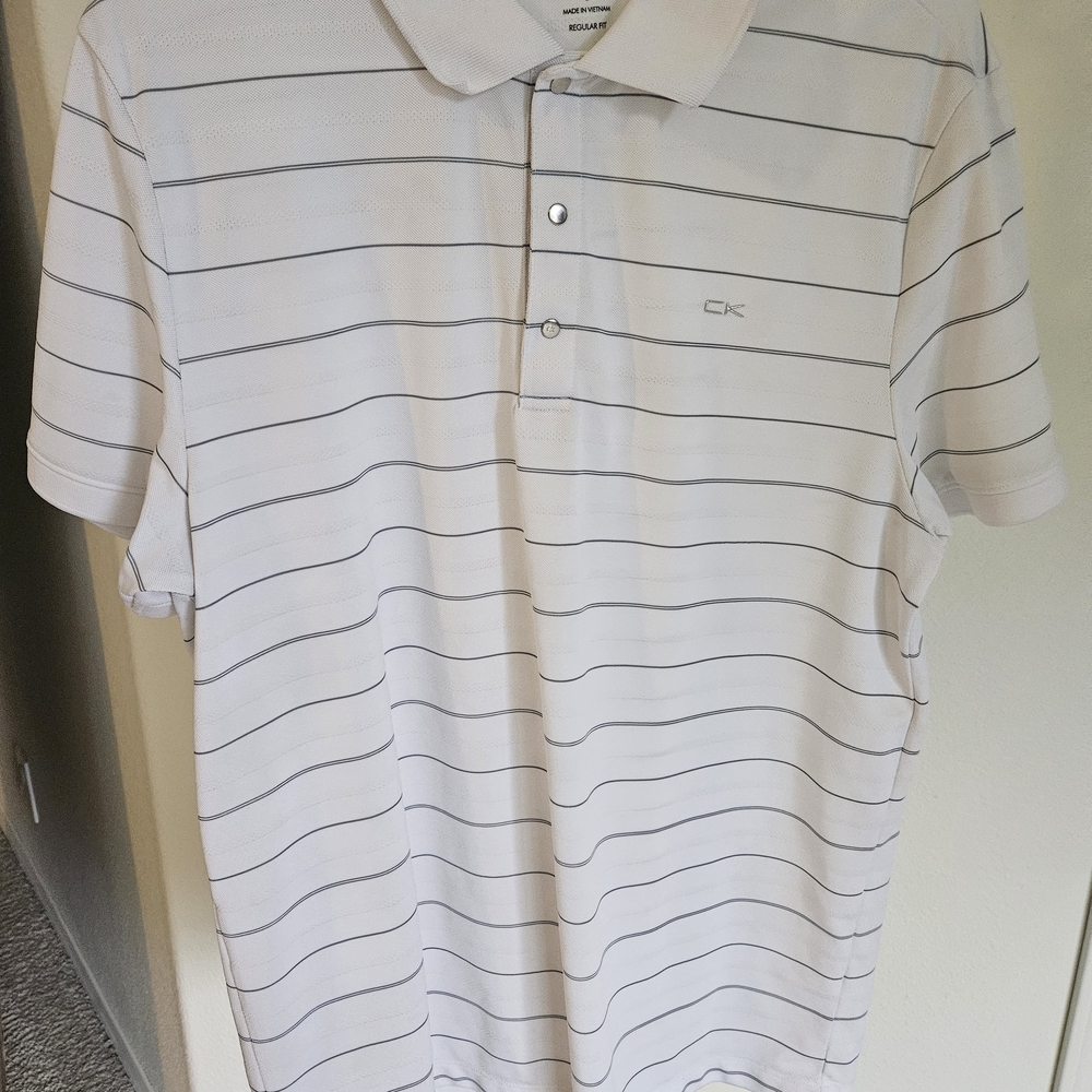 Calvin Klein Men's Polo Shirt in White with Gray Stripes